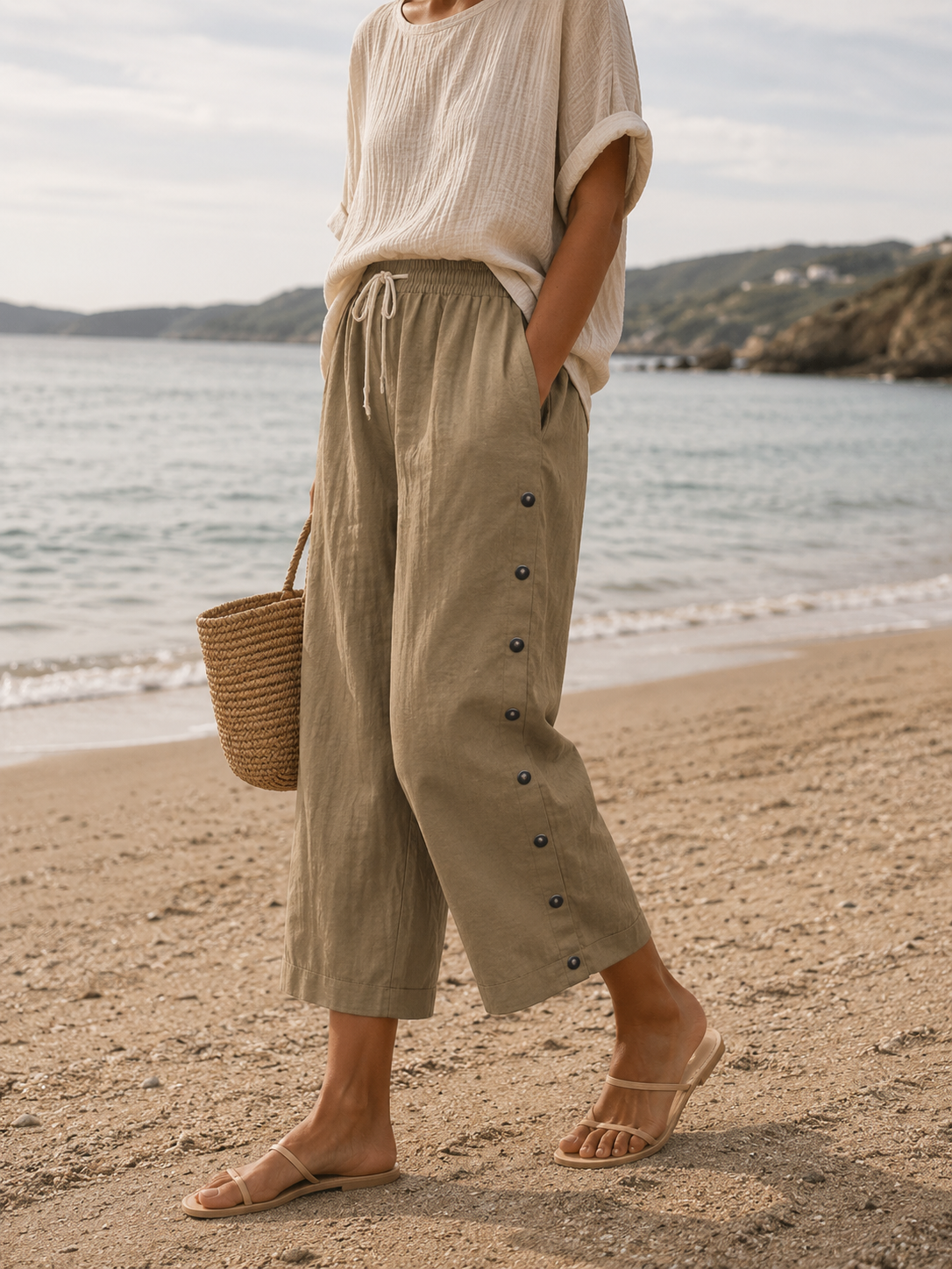 Coralie linen capri button detail - color options 2