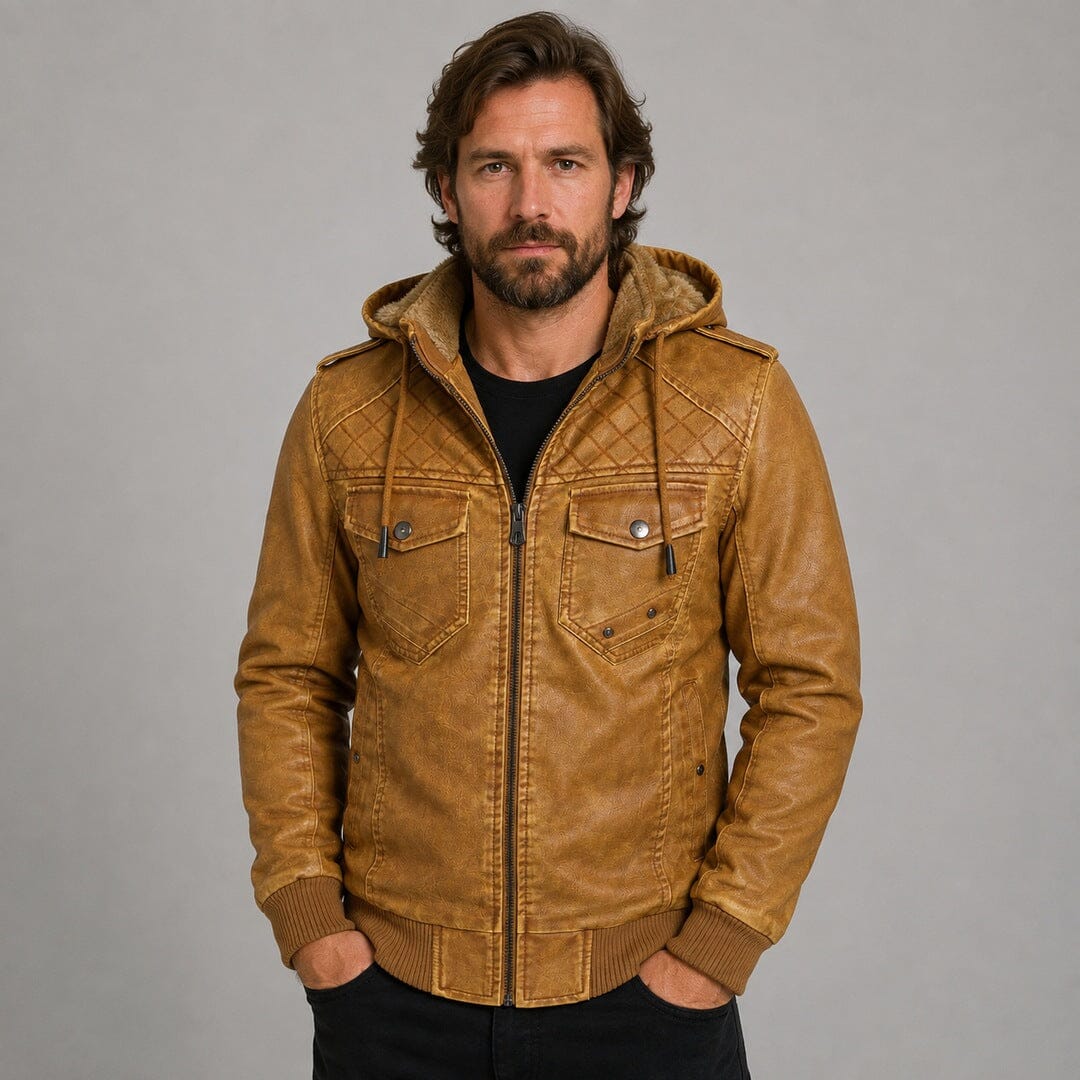Corbin hooded quilted faux leather bomber jacket, view 3