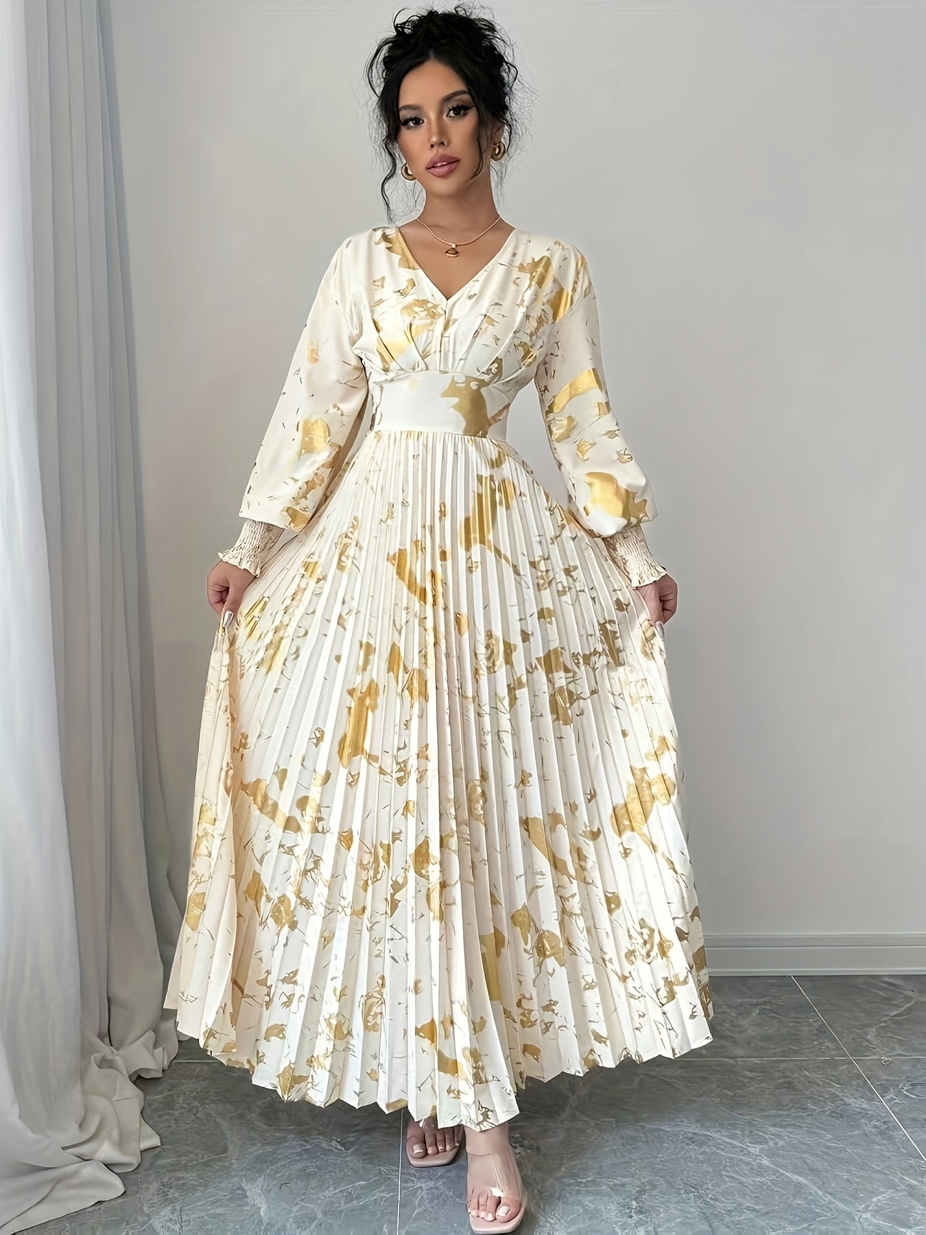 Cordelia fall gold foil print dress - front view