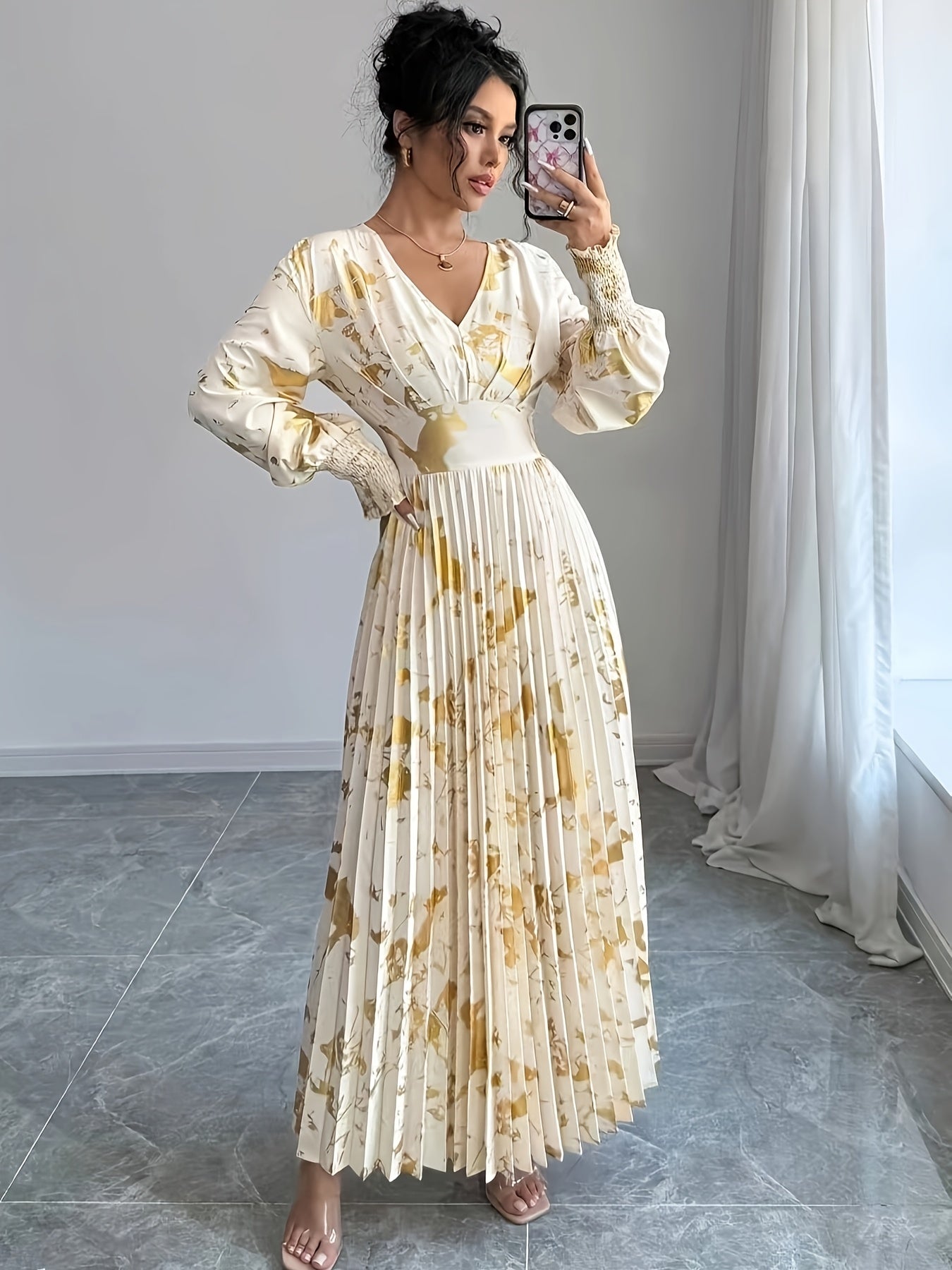 Cordelia fall gold foil print dress - full look 1