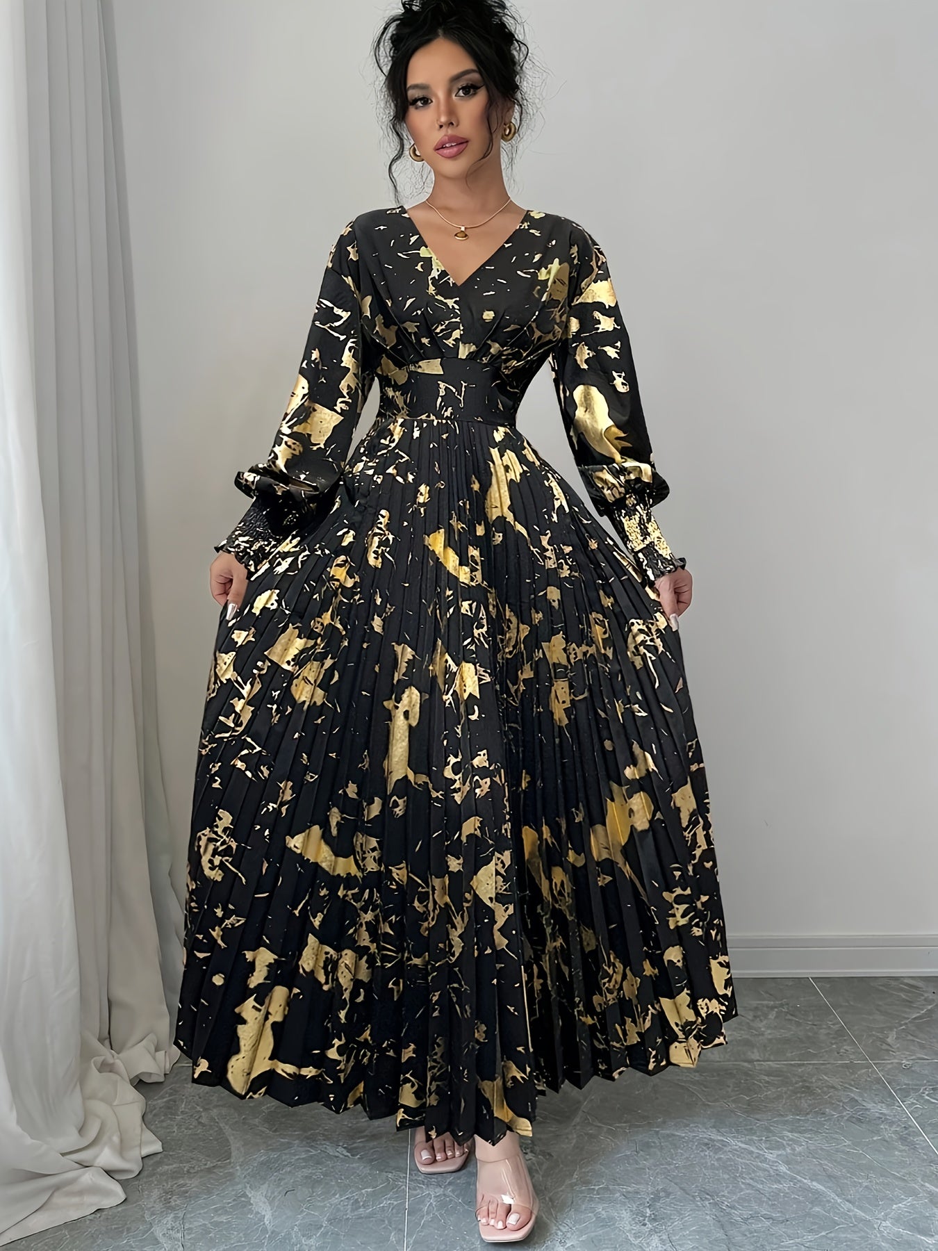 Cordelia fall gold foil print dress - side view