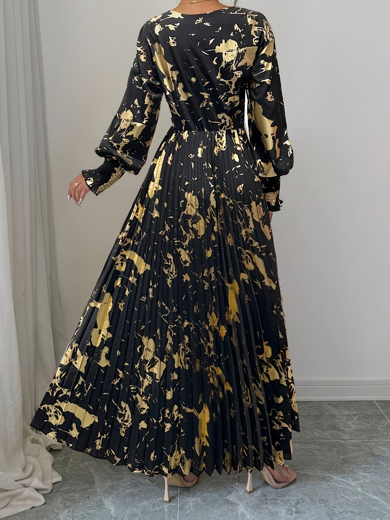 Cordelia fall gold foil print dress - back view