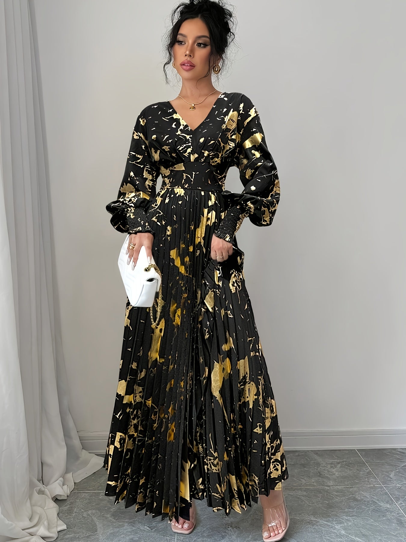 Cordelia fall gold foil print dress - sleeve detail
