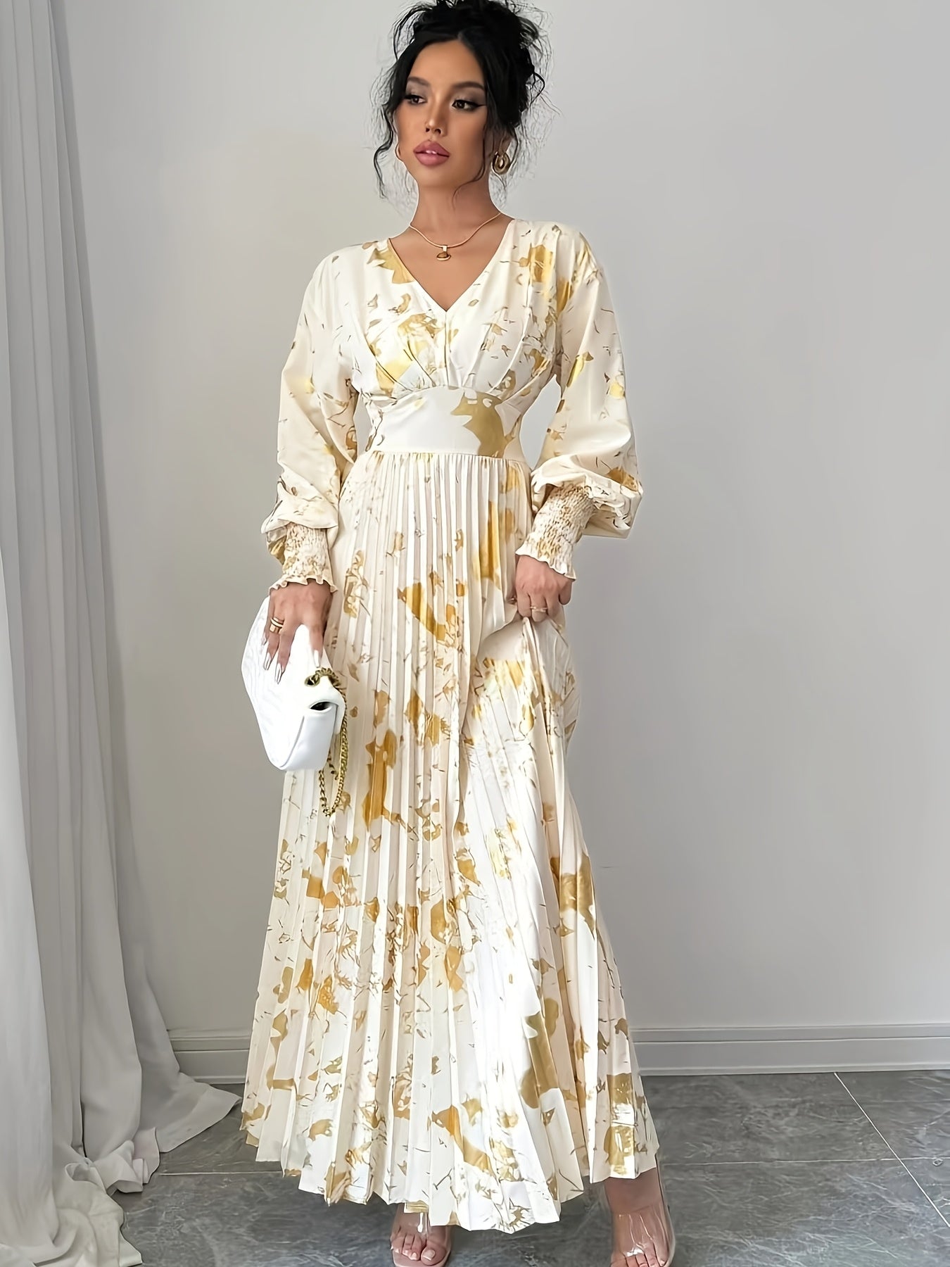 Cordelia fall gold foil print dress - styled outfit 1