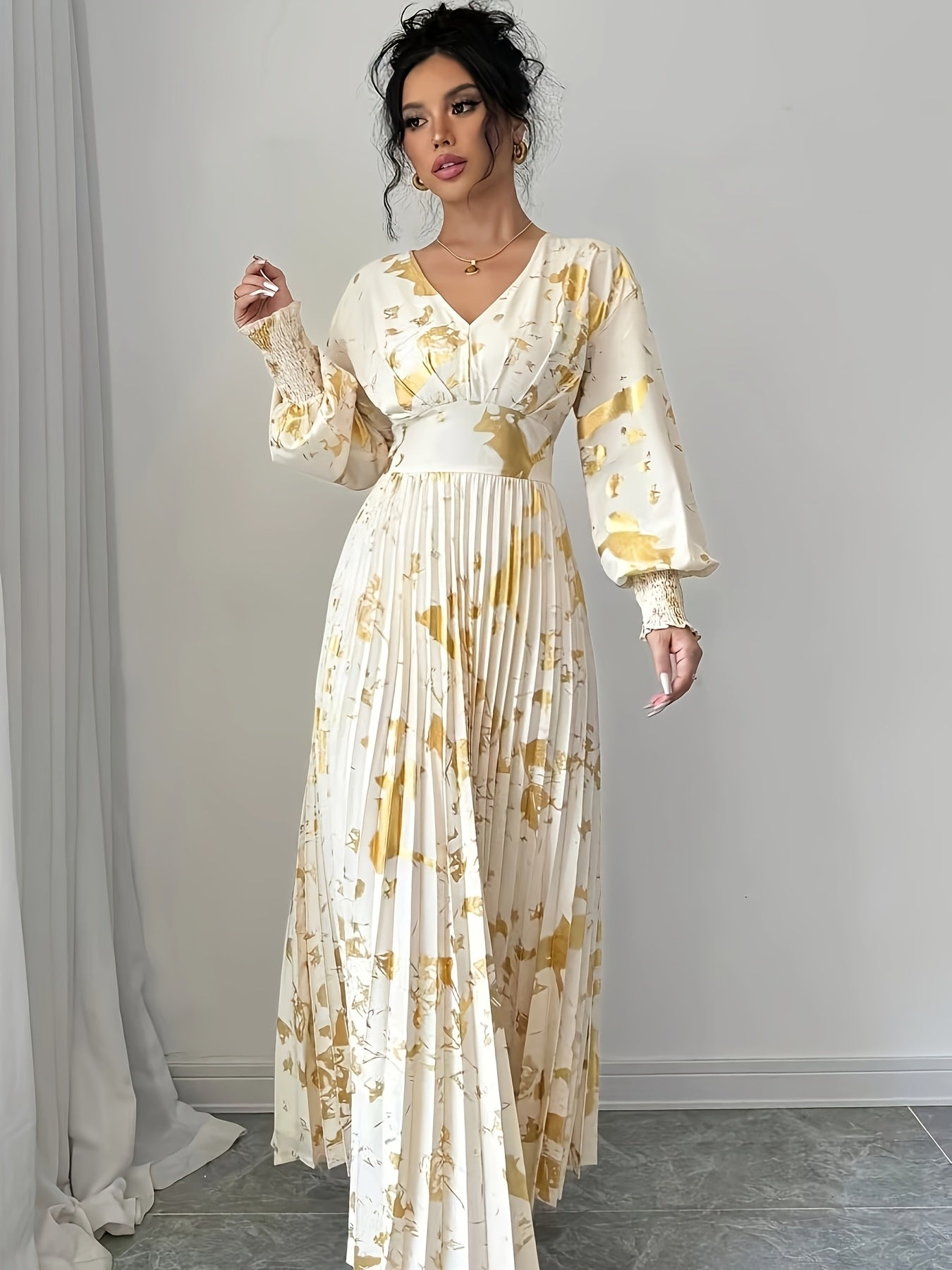 Cordelia fall gold foil print dress - color Apricot