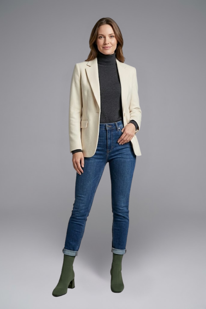 Woman wearing a cream blazer, black turtleneck, blue jeans, and green socks on a gray background
