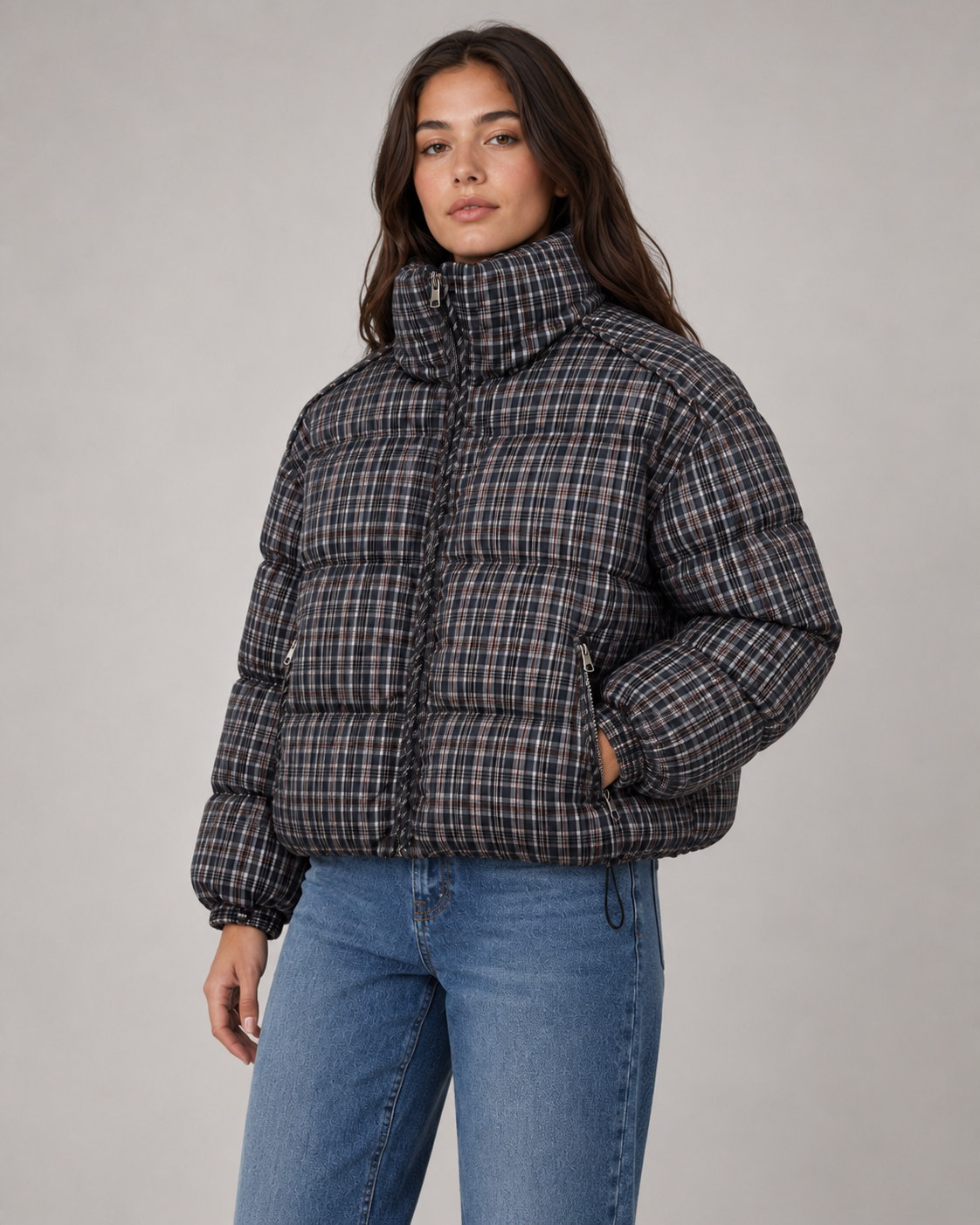 Cynthia checked puffer coat funnel neck - front view