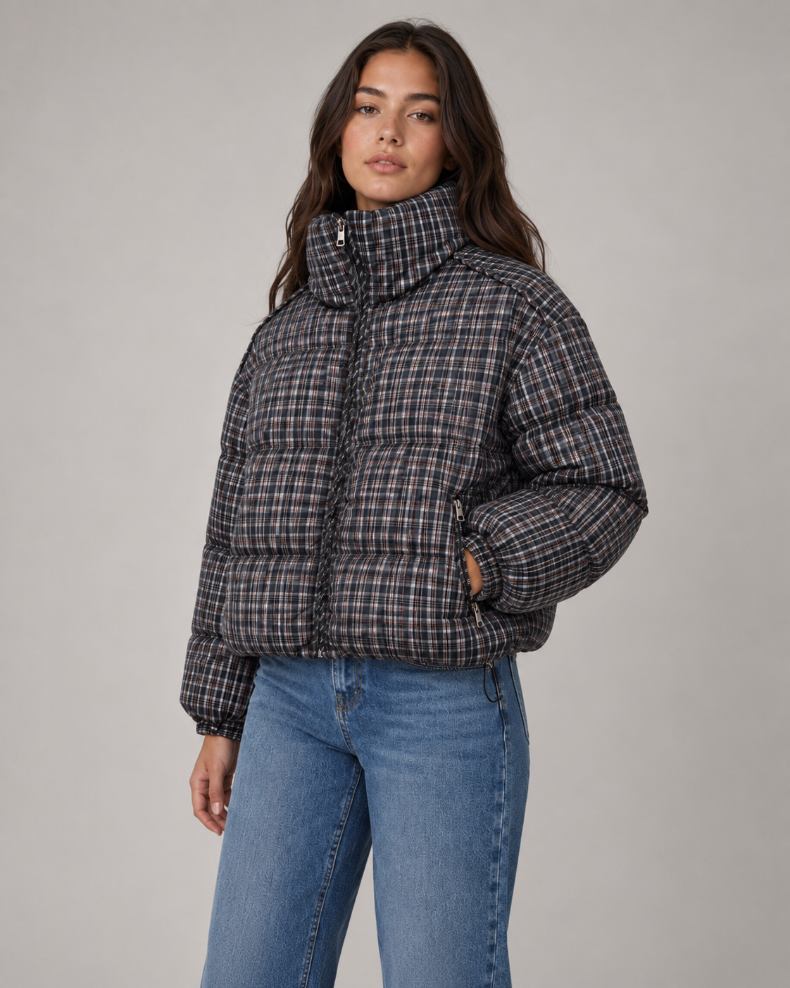 Cynthia checked puffer coat funnel neck - side view
