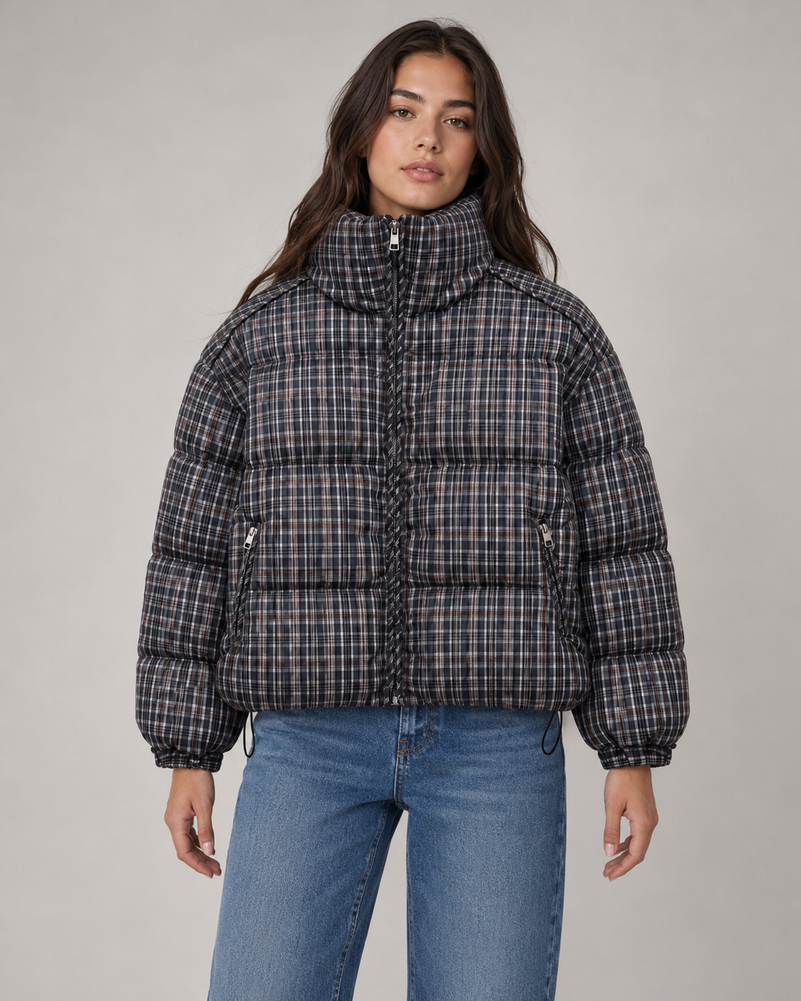 Cynthia checked puffer coat funnel neck - print detail