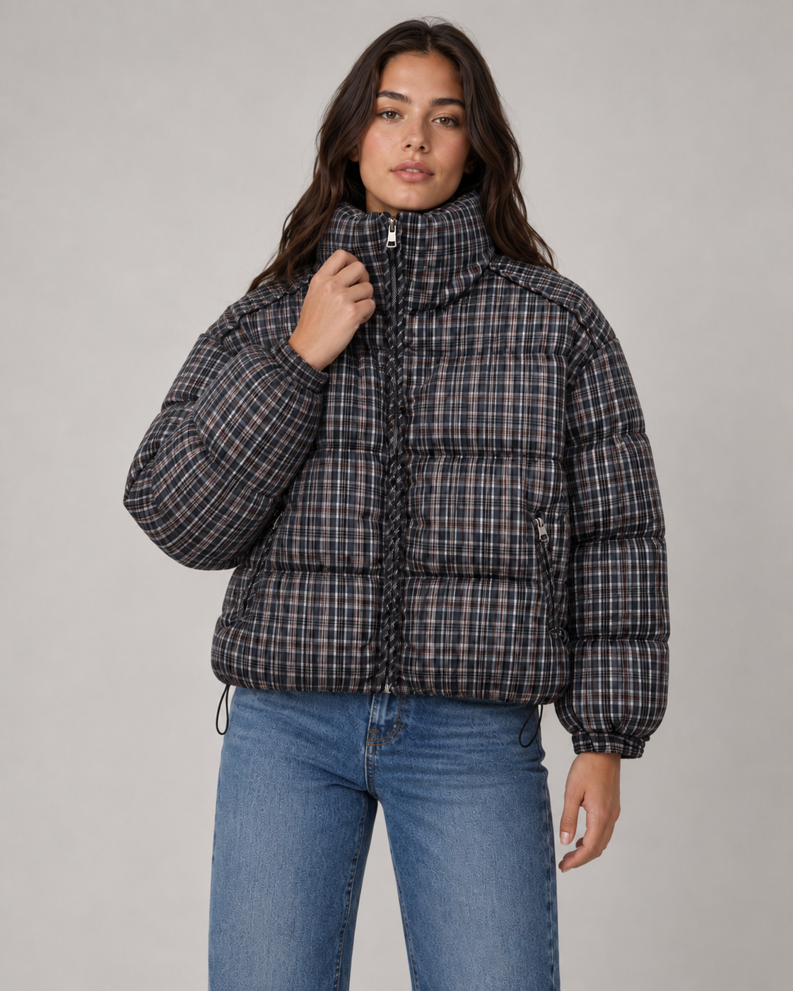 Cynthia checked puffer coat funnel neck - full look 2