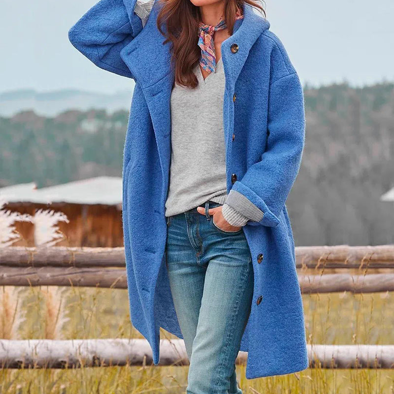 Dahlia hooded long button-front coat, blue