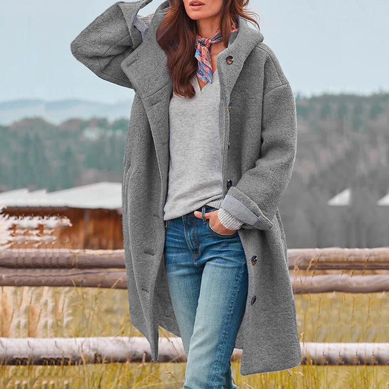 Dahlia hooded long button-front coat, gray