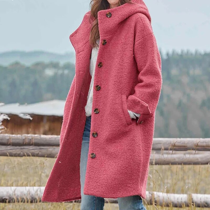 Dahlia hooded long button-front coat, pink