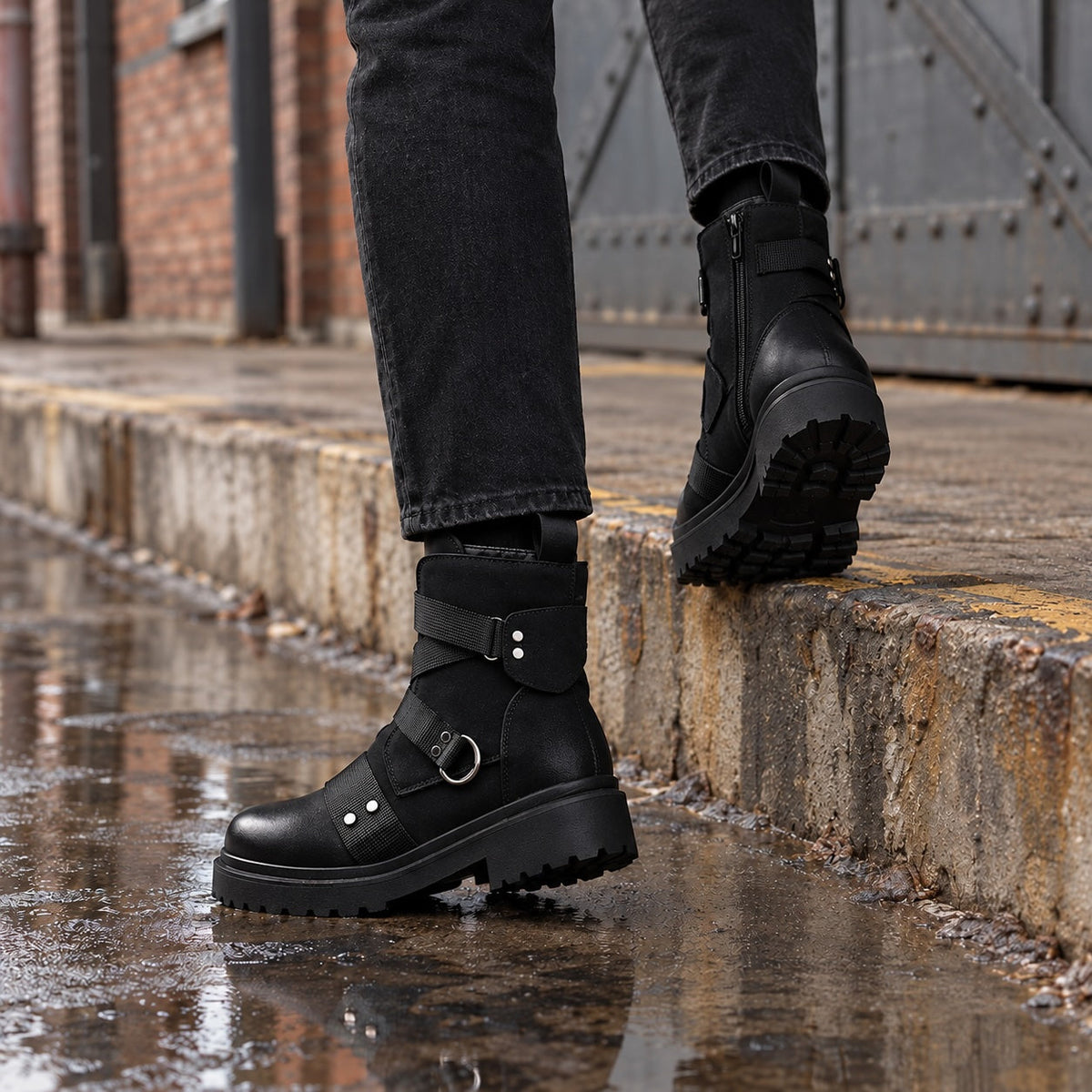Damaris | Leather Combat Boots with Hardware Trim