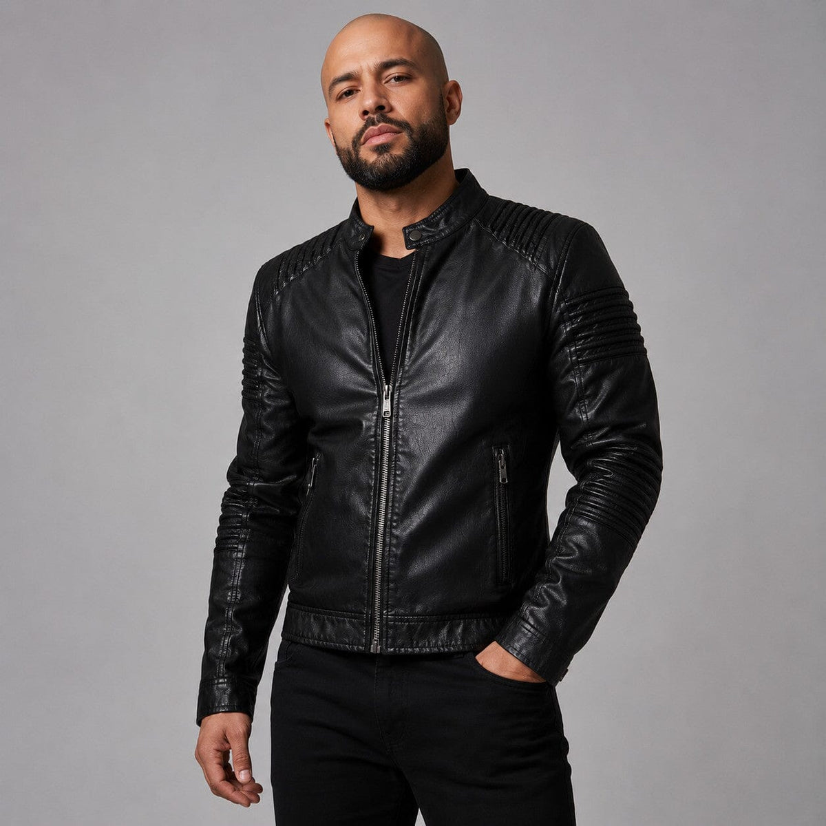 Desmond slim-fit faux leather biker jacket, view 3