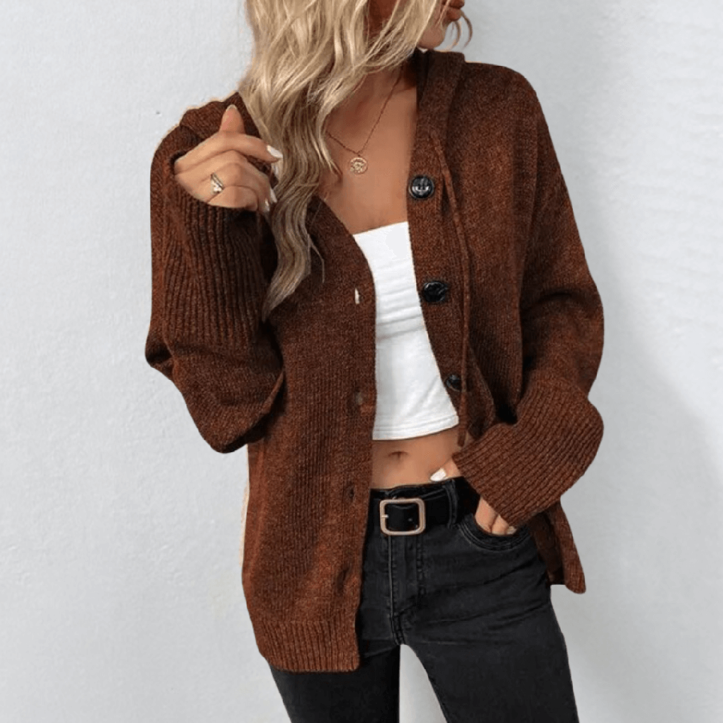 Eglantine button-front cardigan with quilted panels, brown