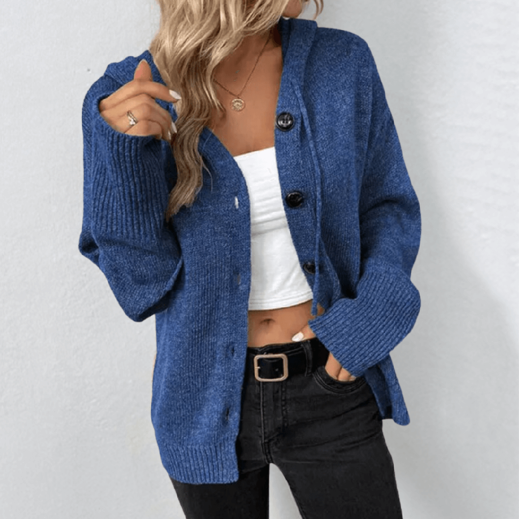 Eglantine button-front cardigan with quilted panels, blue