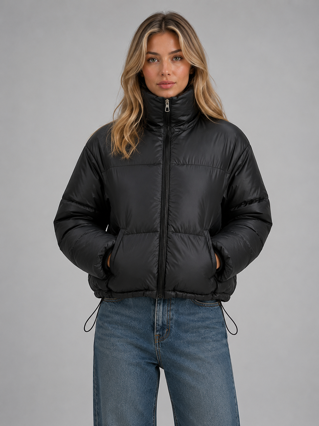 Elaine cropped puffer jacket high neck quilted - front view