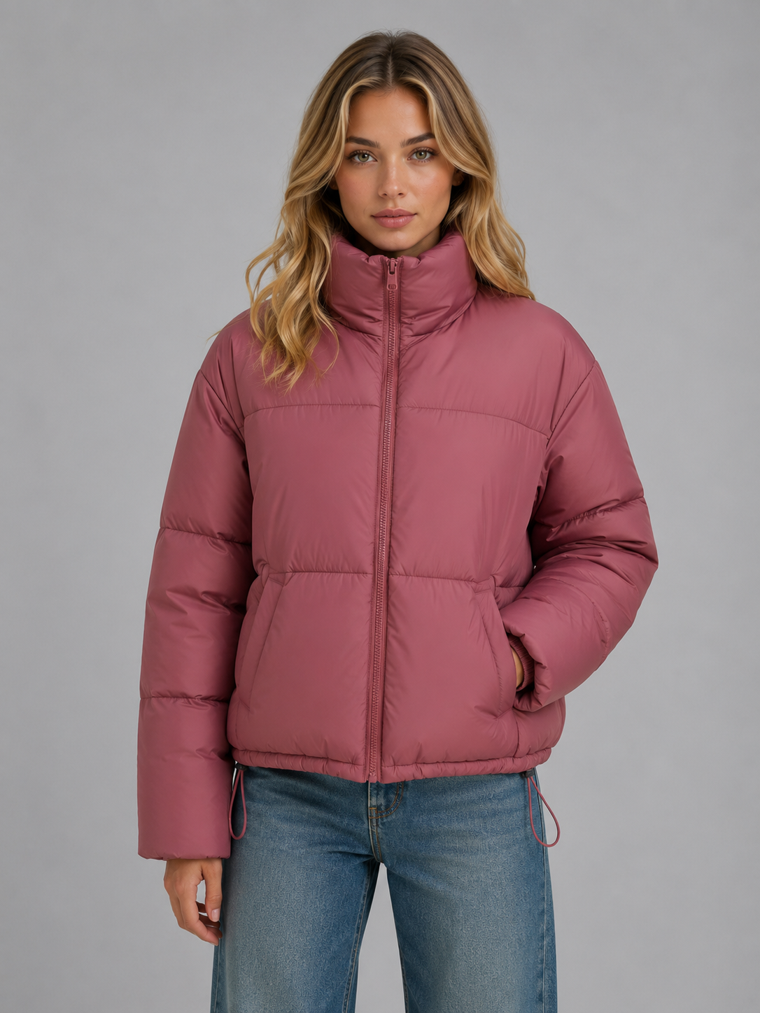 Elaine cropped puffer jacket high neck quilted - styled outfit