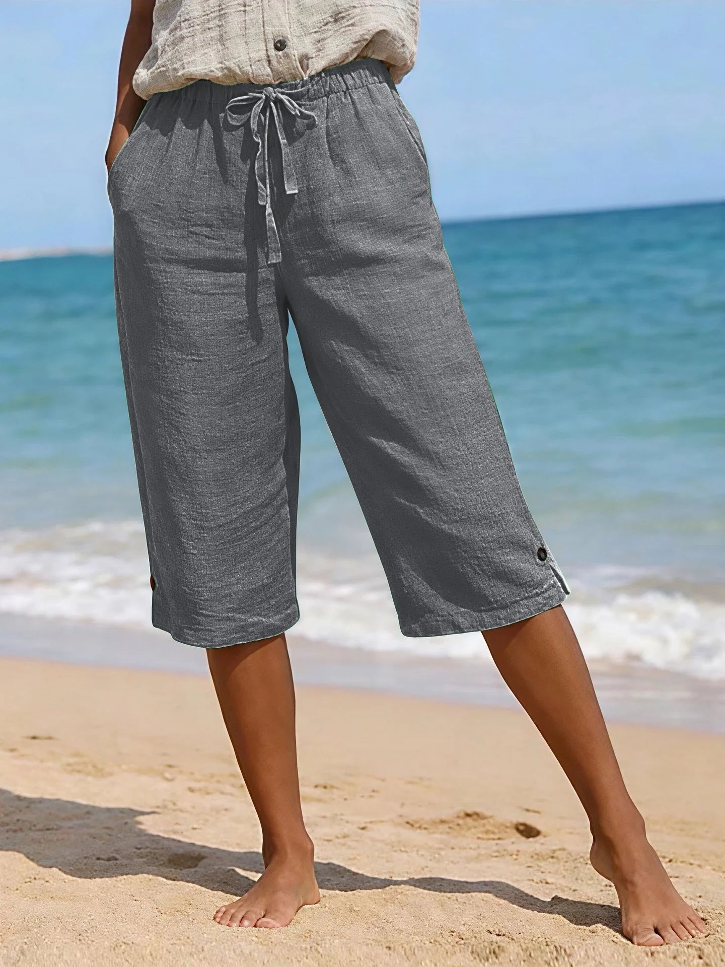 Elena drawstring linen capri pants - front view