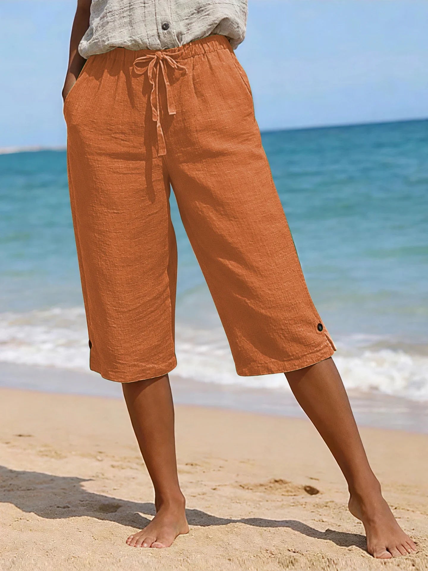 Elena drawstring linen capri pants - side view