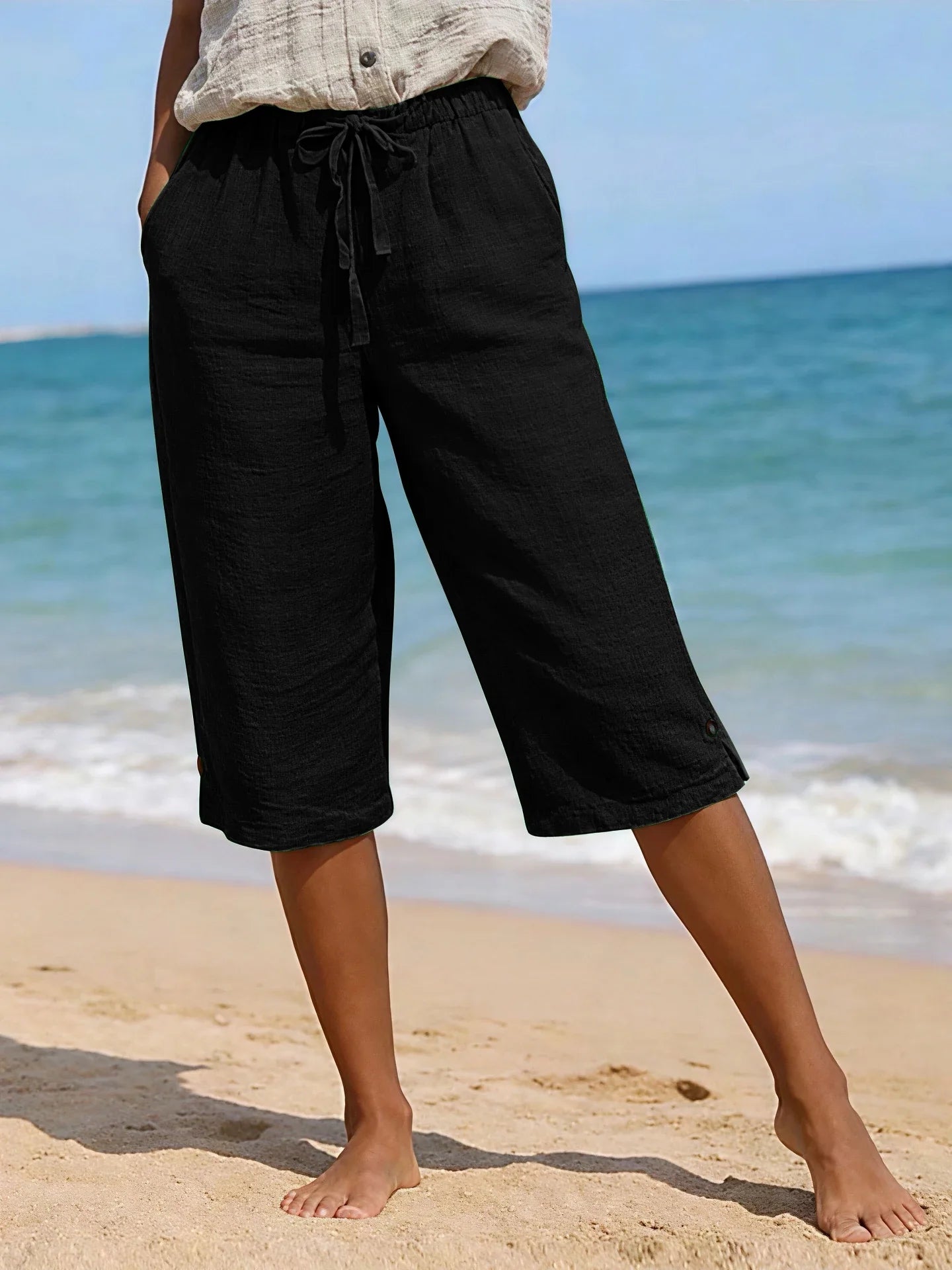 Elena drawstring linen capri pants - back view