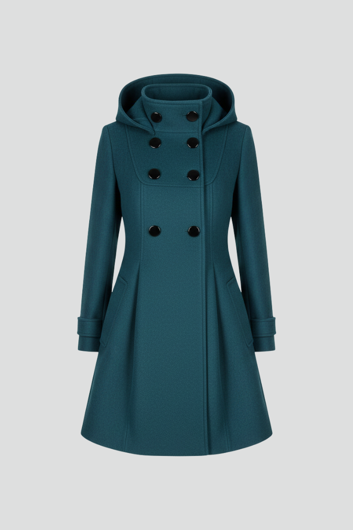Elettra coat with hood and double button front - side view