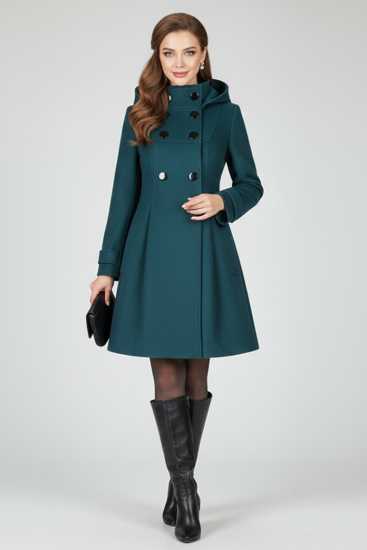 Elettra coat with hood and double button front - styled outfit