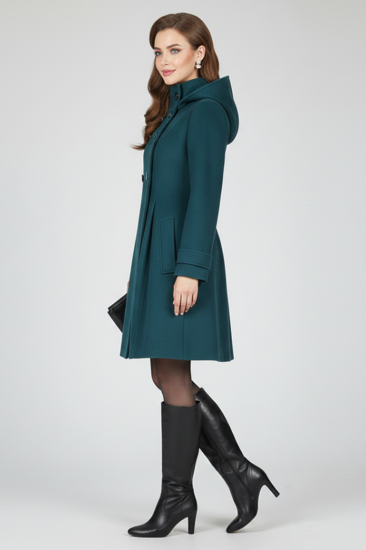 Elettra coat with hood and double button front - full look