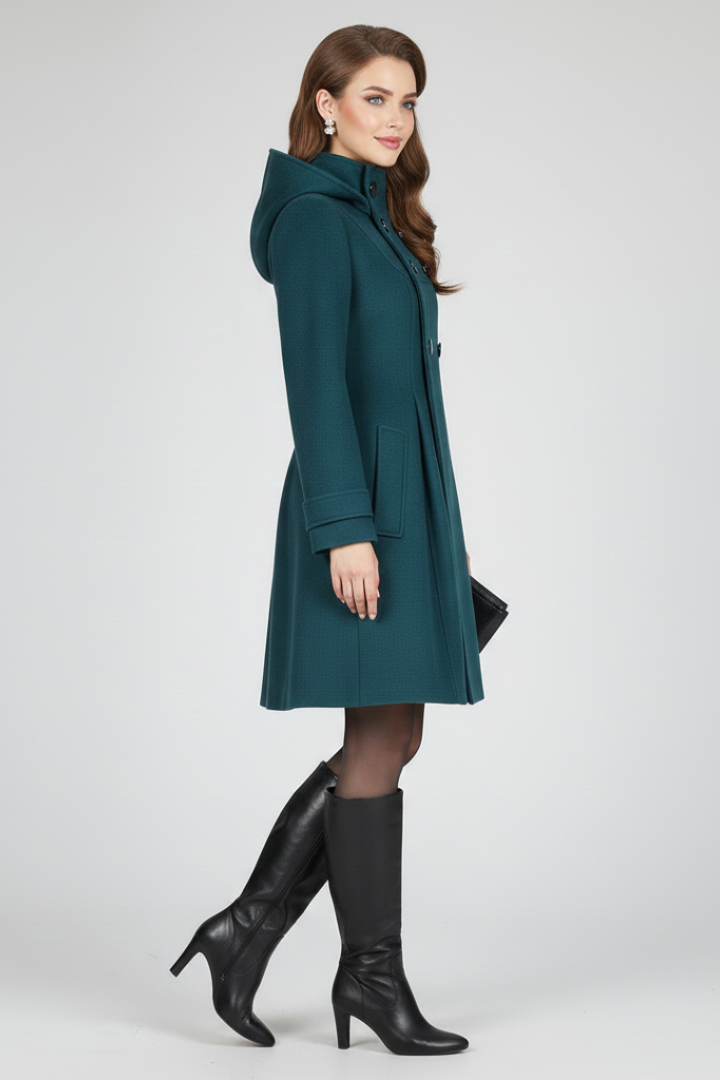 Elettra coat with hood and double button front - detail view