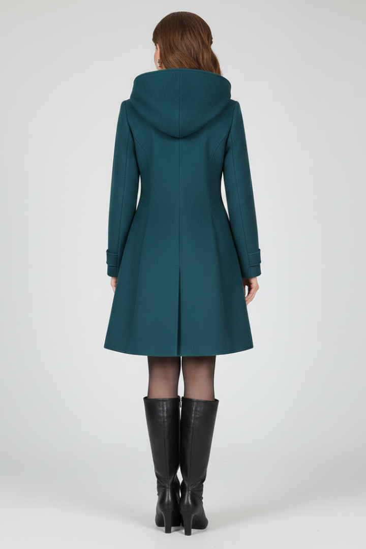 Elettra coat with hood and double button front - close up