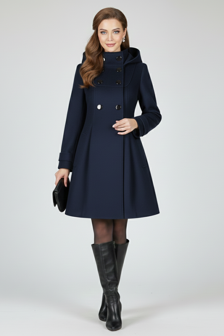 Elettra coat with hood and double button front - additional angle