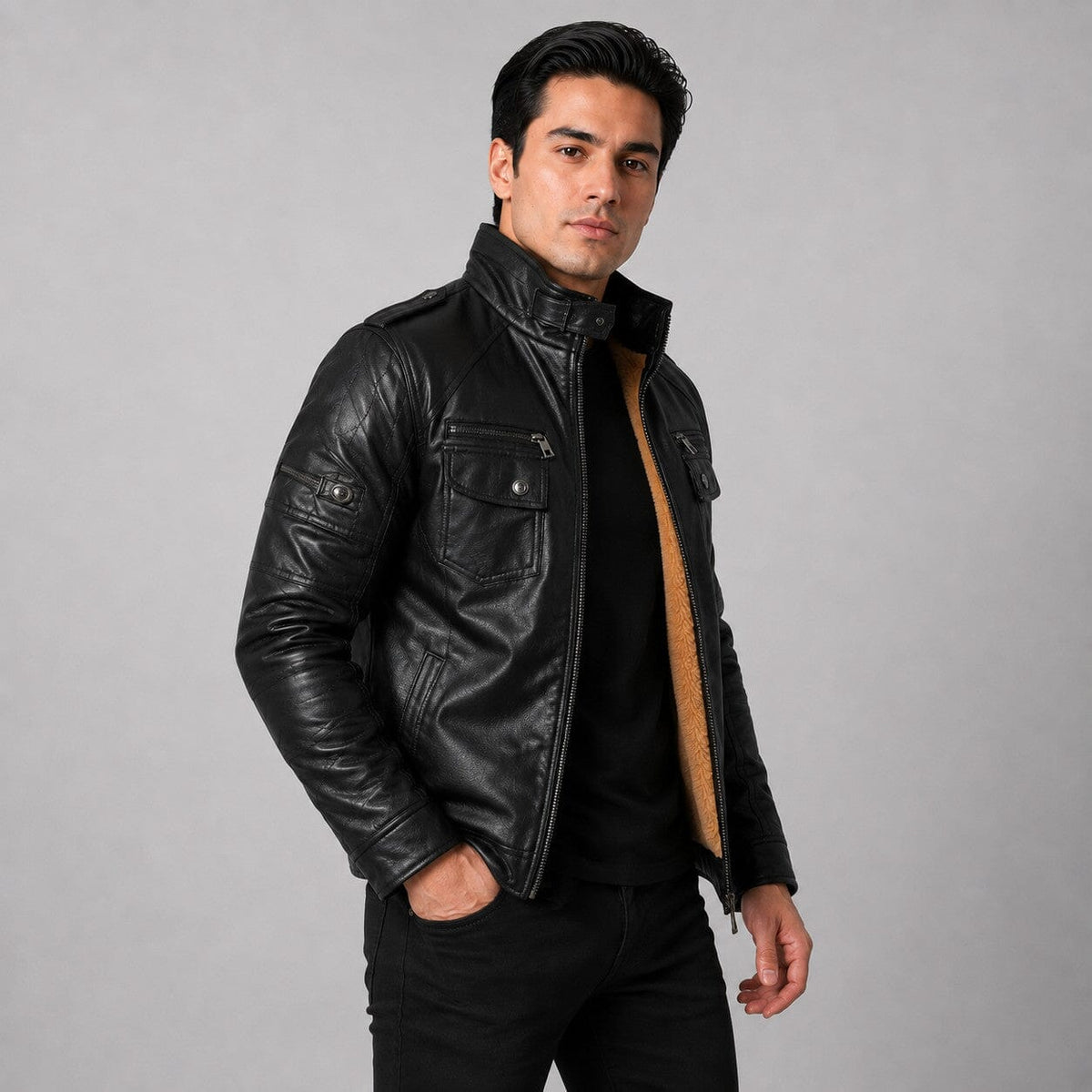 Emmerich teddy-lined faux leather biker jacket, view 4