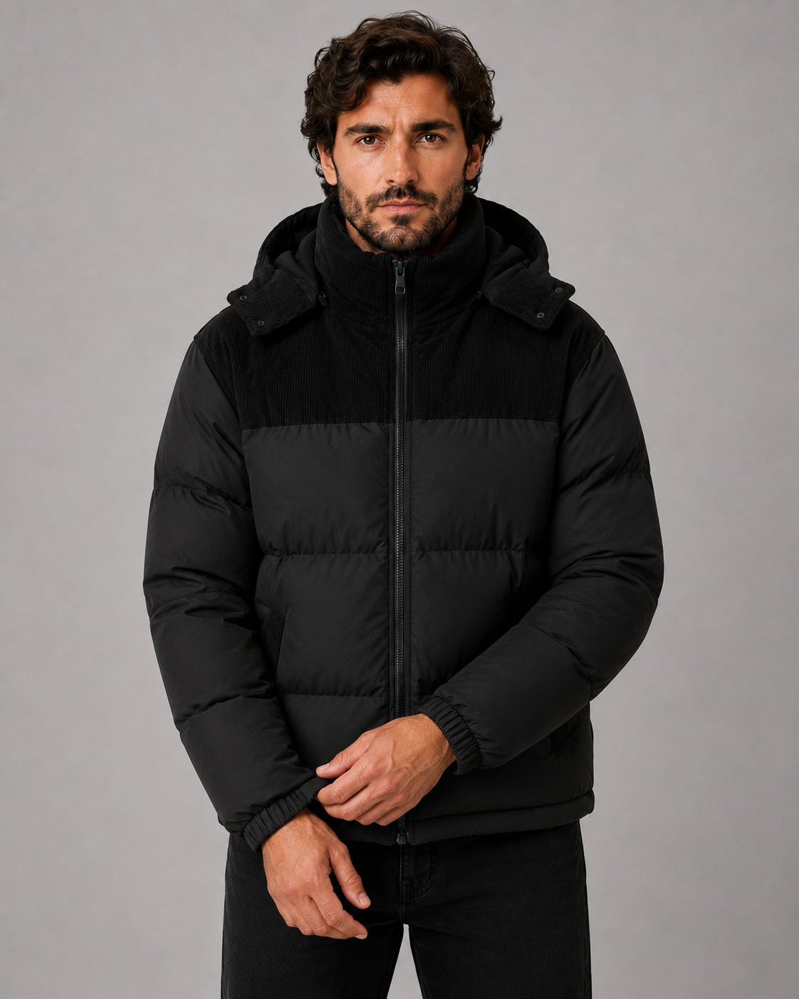 Eric color block hooded puffer jacket corduroy panel - front view