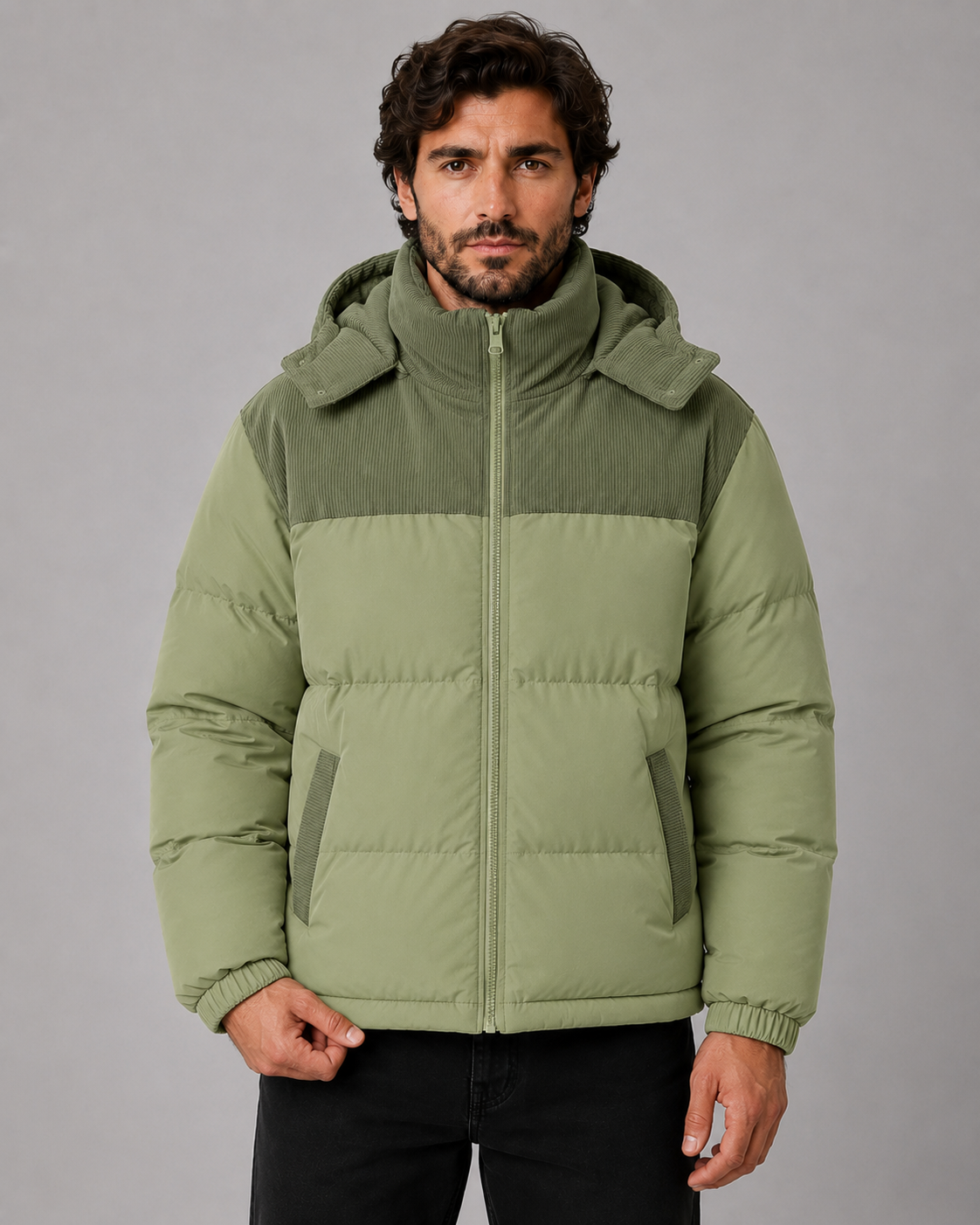 Eric color block hooded puffer jacket corduroy panel - full look