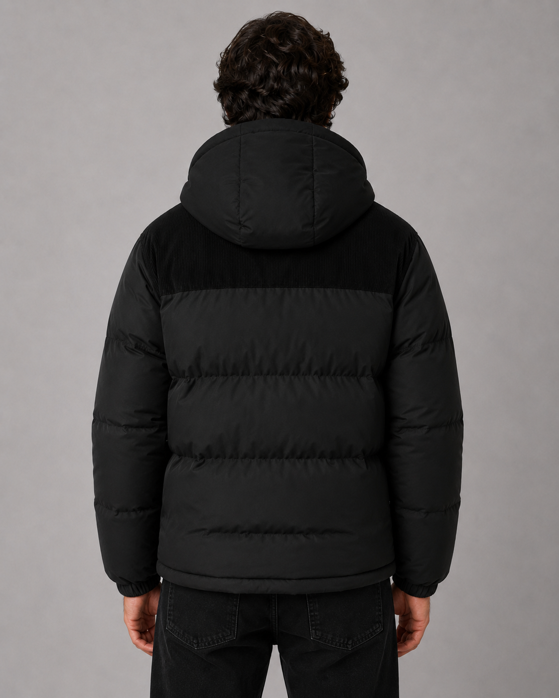Eric color block hooded puffer jacket corduroy panel - side view