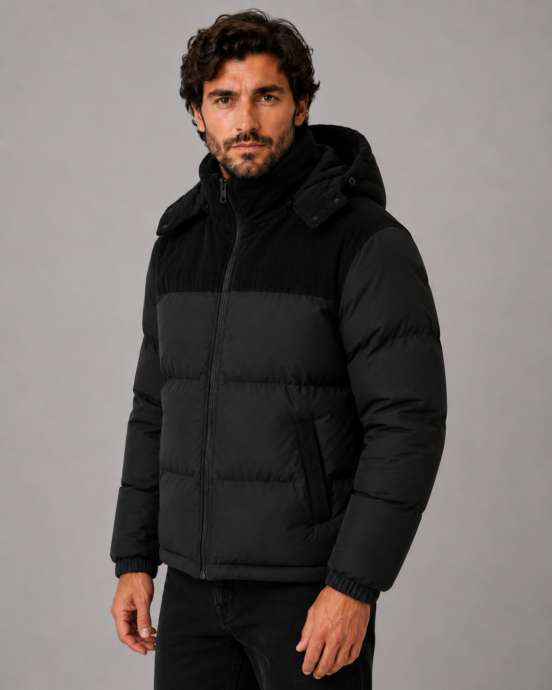 Eric color block hooded puffer jacket corduroy panel - back view