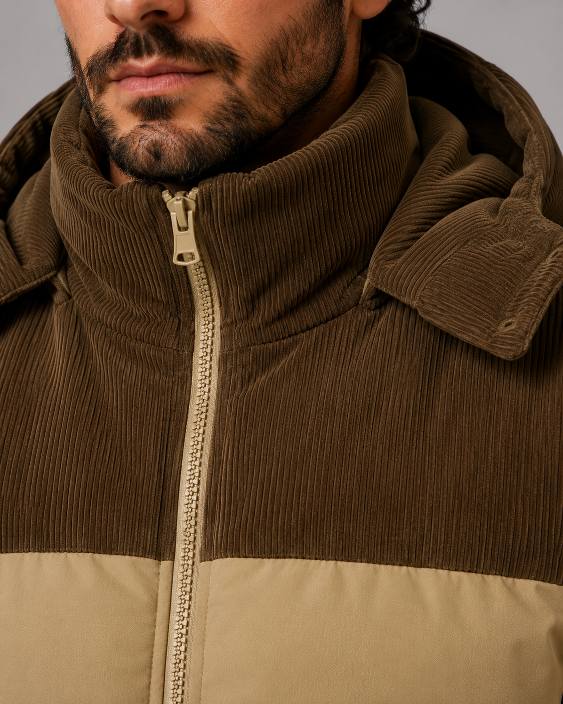 Eric color block hooded puffer jacket corduroy panel - hood detail