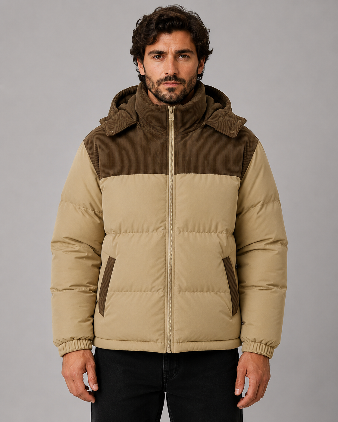 Eric color block hooded puffer jacket corduroy panel - color options 1