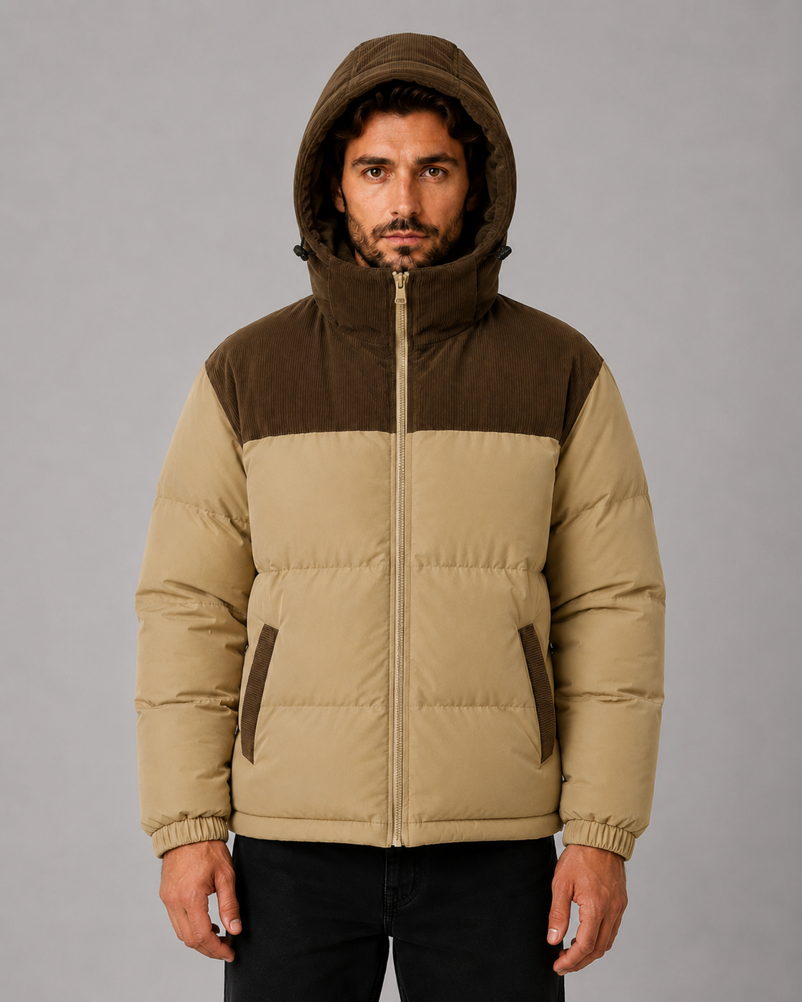 Eric color block hooded puffer jacket corduroy panel - color options 2