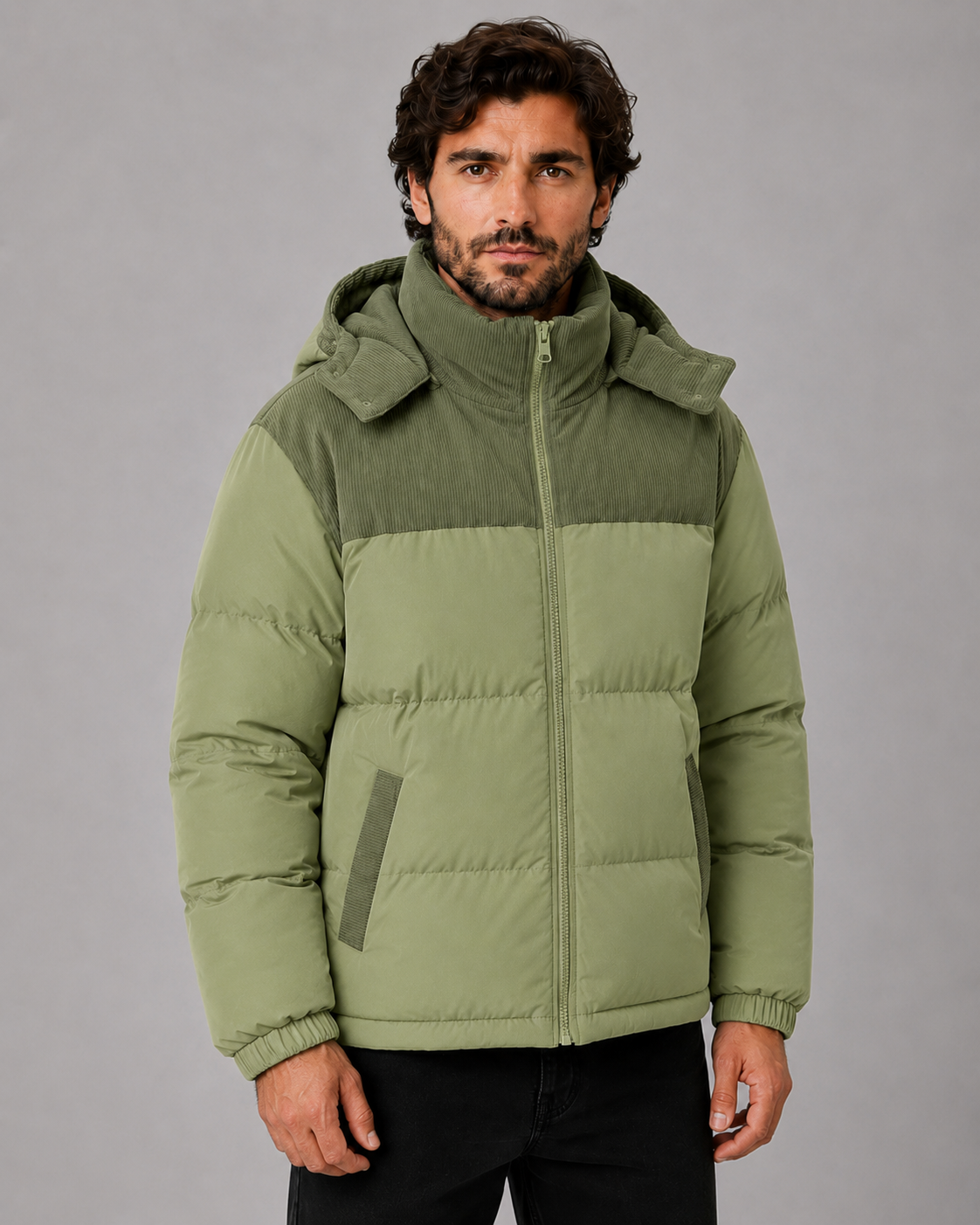 Eric color block hooded puffer jacket corduroy panel - styled outfit 1