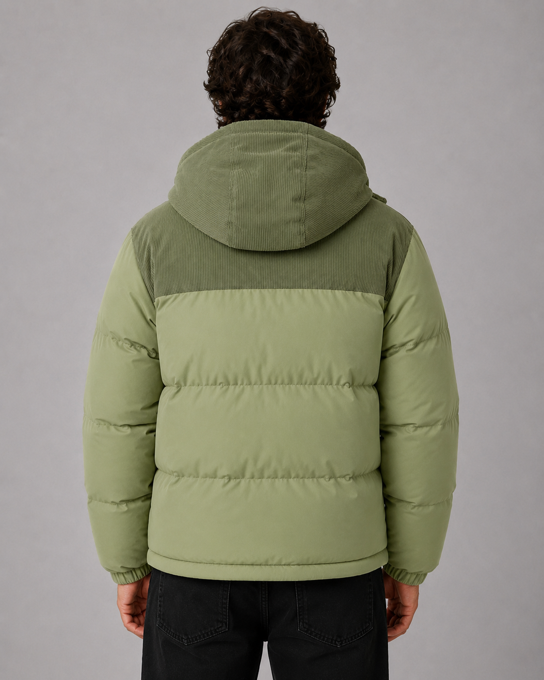 Eric color block hooded puffer jacket corduroy panel - styled outfit 2