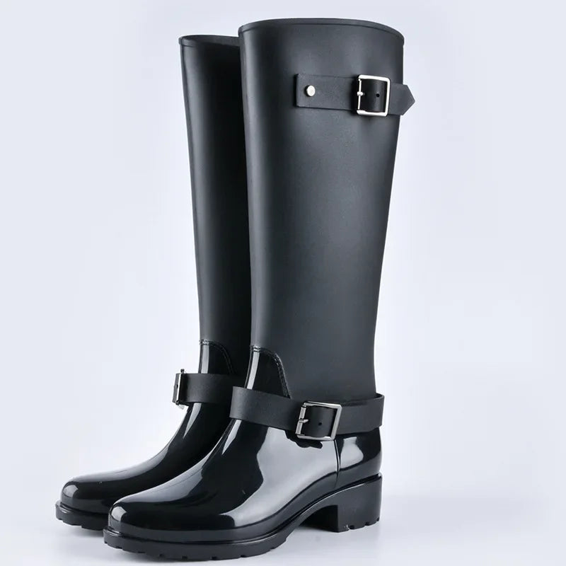 Eulalia buckle knee-high rain boots, black