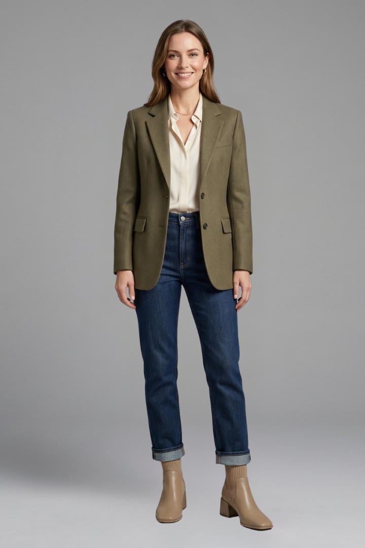 Woman wearing a green blazer, white shirt, blue jeans, and brown boots on a gray background
