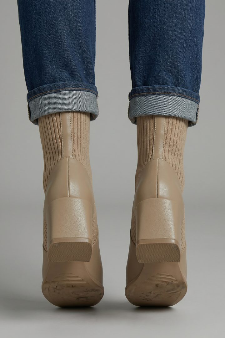 Beige rubber boots worn with rolled-up blue jeans on a neutral background