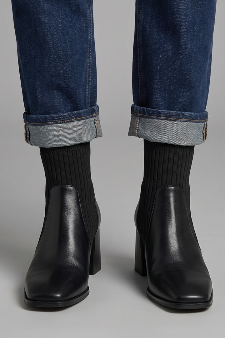 Black leather ankle boots worn with rolled-up blue jeans on a gray background