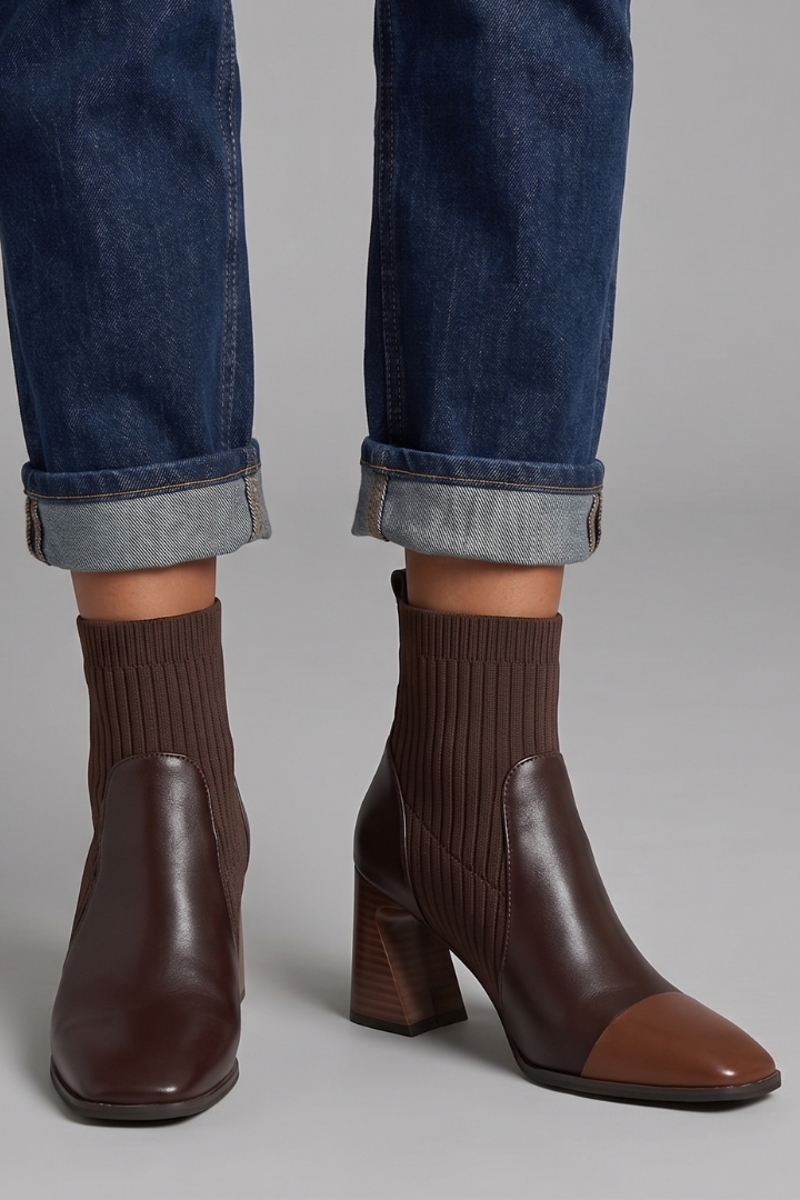Brown ankle boots worn with rolled-up jeans on a gray background