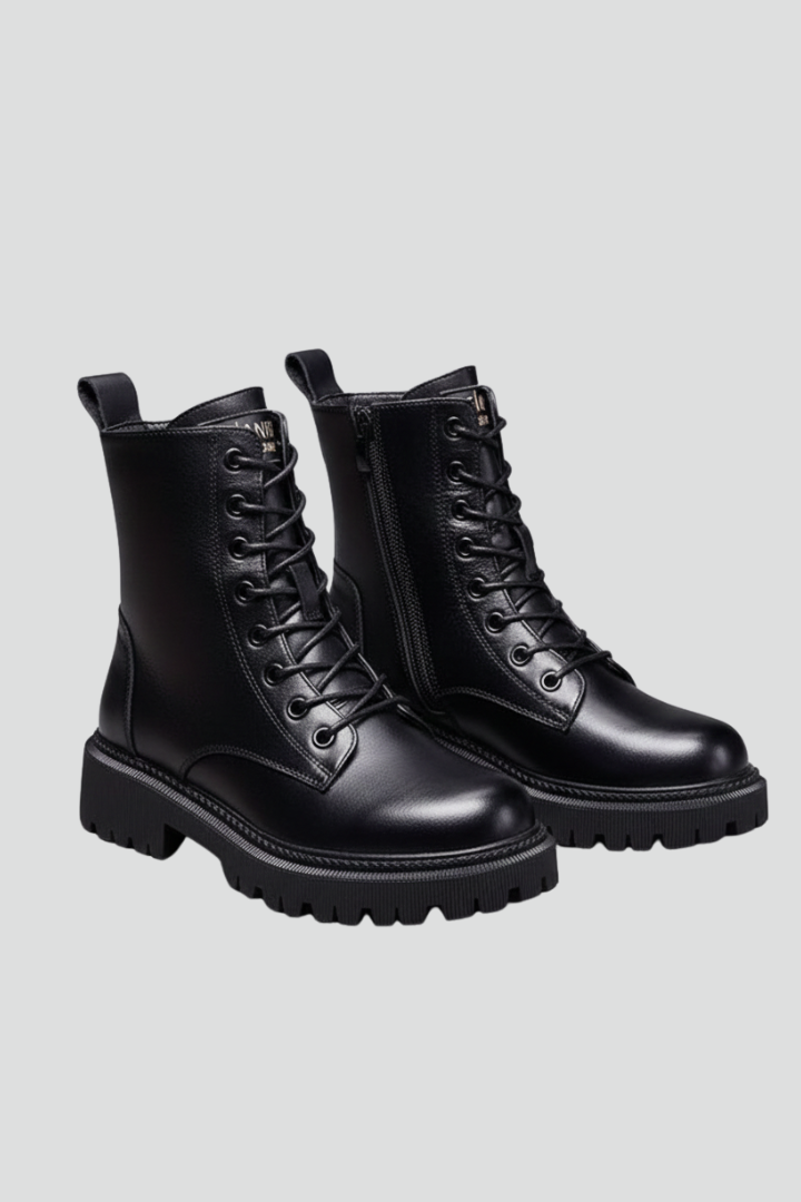Pair of black leather boots on a light gray background