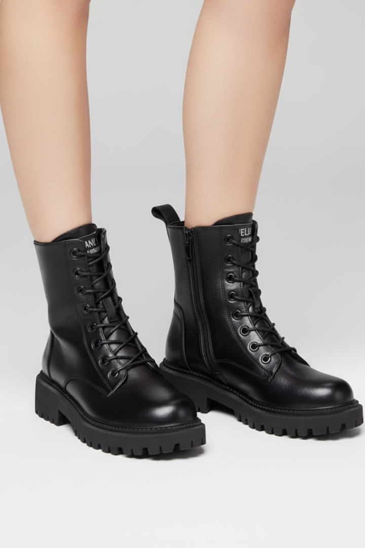 Black leather boots worn with beige pants on a light gray background