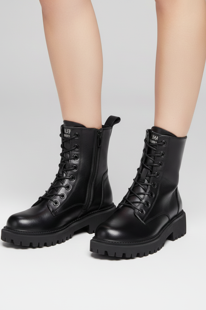 Black leather combat boots worn by a person on a light gray background